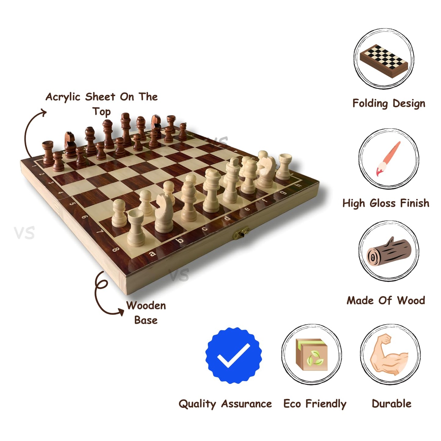 Wooden Handcrafted Foldable (12"X12", Brown) Chess Board Set for Professionals with 32 Wooden Chess Pieces for 2 Players Kids and Adults