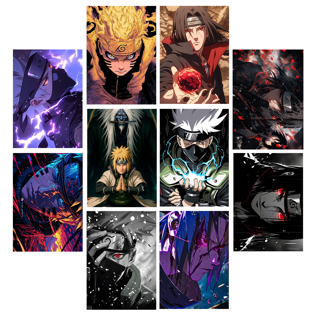 Naruto Poster Set (10 Pcs) – A4 Size Anime Wall Art for Rooms, Hostels, Gaming Setup